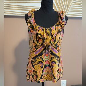 LAUREN RALPH LAUREN Womens Size LG Yellow Paisley Ruffle V-Neck Tank Top